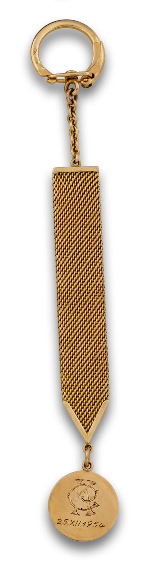 Llavero en oro de 18K con malla y medalla colgante.