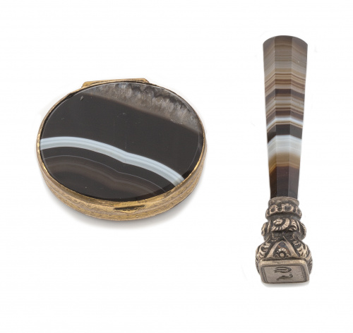 Conjunto de Sello para lacre y cajita s.XIX  ágata bandeada