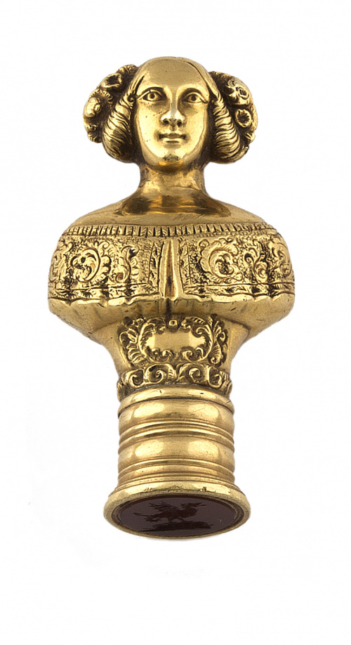Curioso sello para lacre s.XIX con busto de dama en oro de 