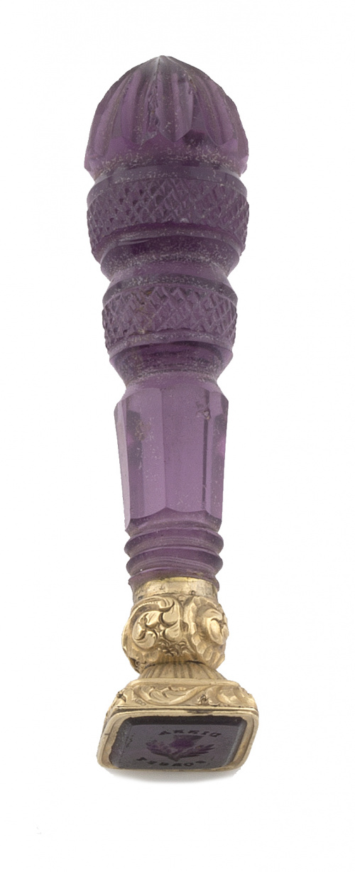 Sello para lacre s.XIX con mango en amatista tallada y anag