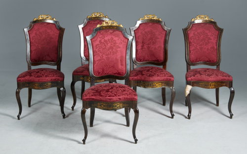 Juego de cinco sillas isabelinas en palosanto y marquetería