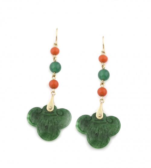 Pendientes largos con tréboles de jade grabado, colgantes d
