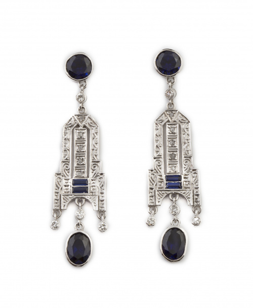 Pendientes largos estilo Art-Decó con zafiros sintéticos, d