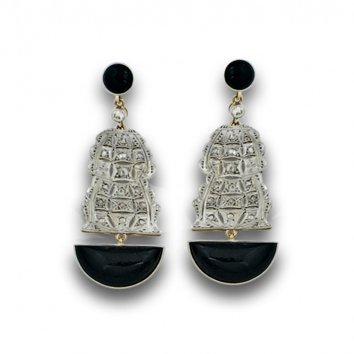 Pendientes largos estilo Art-Decó con diamantes y ónice en 
