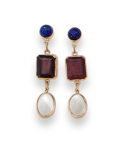Pendientes largos con lapislázuli,granate y piedra luna.