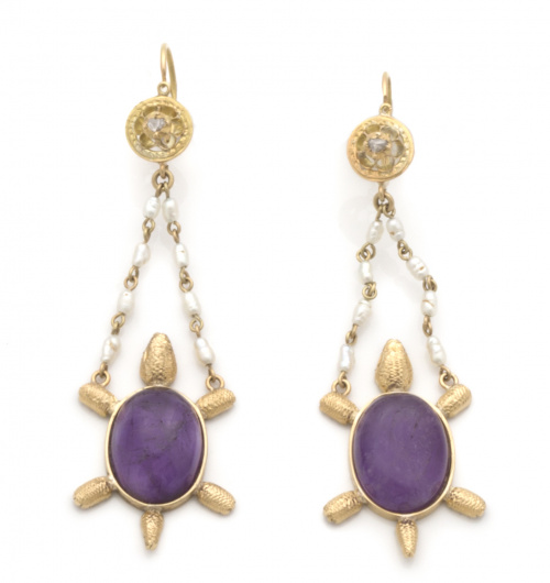 Pendientes largos con tortugas de cabuchones de amatista qu