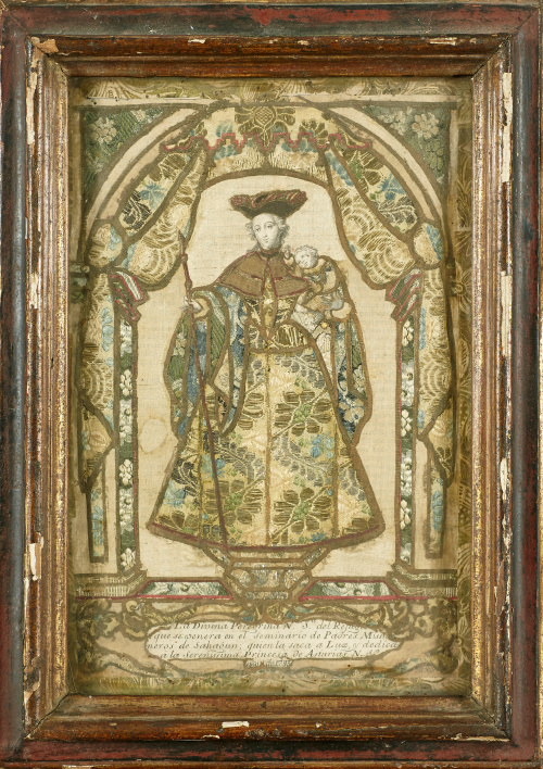 “Virgen peregrina”Bordado Felipe V sobre seda, papel y tel