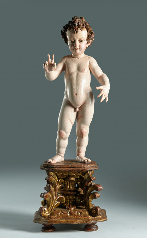 “Niño Jesús bendiciendo”.Madera tallada, policromada y dor