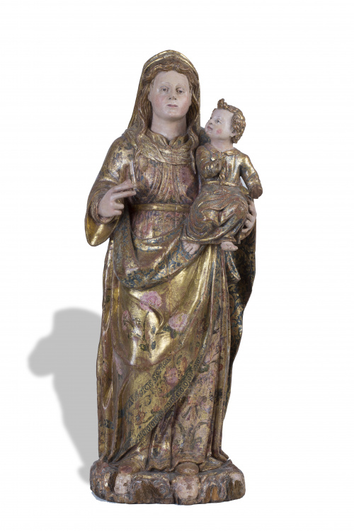 “Virgen con el Niño”Madera tallada, estucada y dorada.Tra