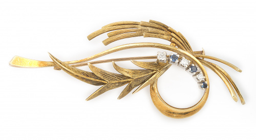 Broche años 60 con ramas y bandas de oro mate y brillo con 