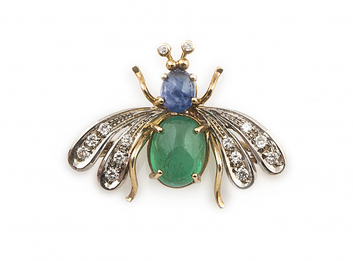 Broche abeja con alas de brillantes, cuerpo de cabuchón de 