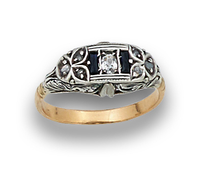 Anillo Art-Decó con zafiro y símil diamantes en oro de 18k 