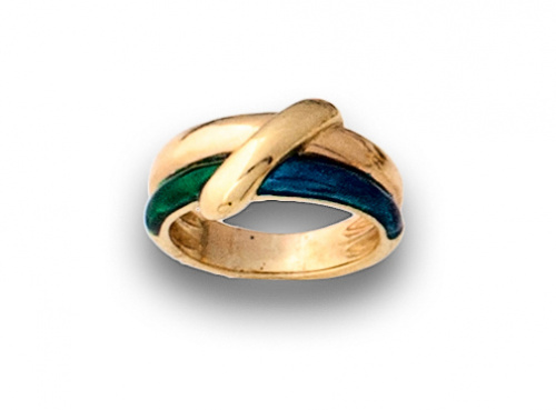 Sortija con nudo en oro de 18K y esmalte verde y azul.