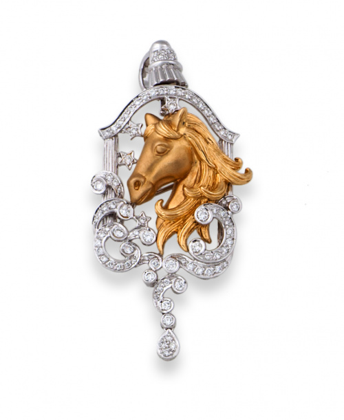Broche colgante con busto de caballo con marco de brillante