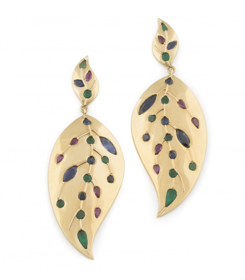 Pendientes largos con grandes hojas colgantes de zafiros, r