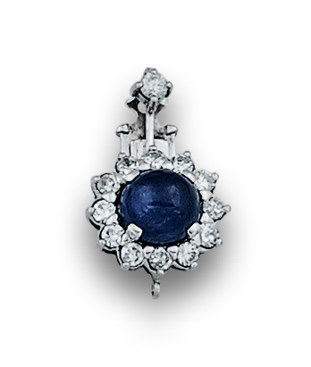 Broche de collar con zafiro cabuchón orlado de brillantes e