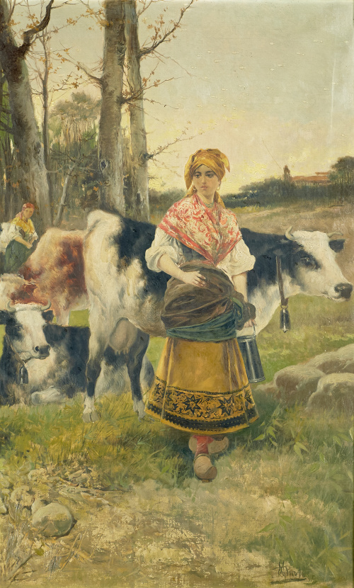 MANUEL PICOLO LÓPEZ  (Murcia, 1855-1912)Paisaje con lechera