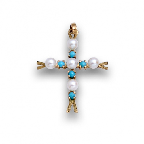 Cruz colgante de perlas y turquesas en oro de 18K .