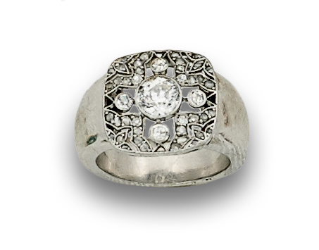 Anillo Art-Decó con diseño de flor calada y  brillante chat