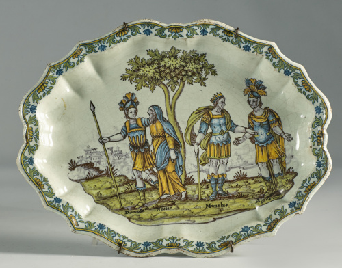 Fuente de cerámica esmaltada con escena mitólogica con Dióm