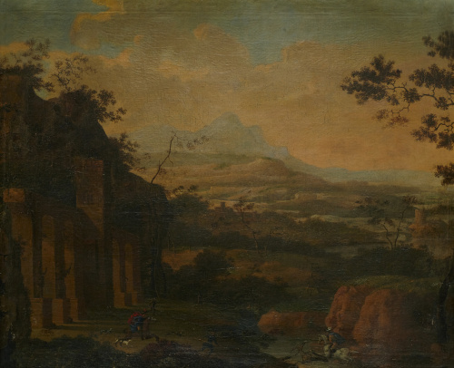 ESCUELA FRANCESA, H. 1700Paiseje con escena de caza y ruin