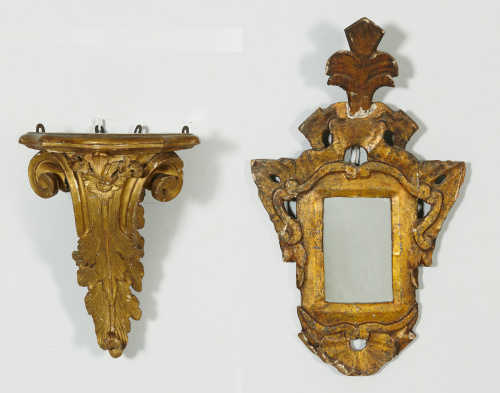 Cornucopia en madera tallada, estucada y pintada.Trabajo e