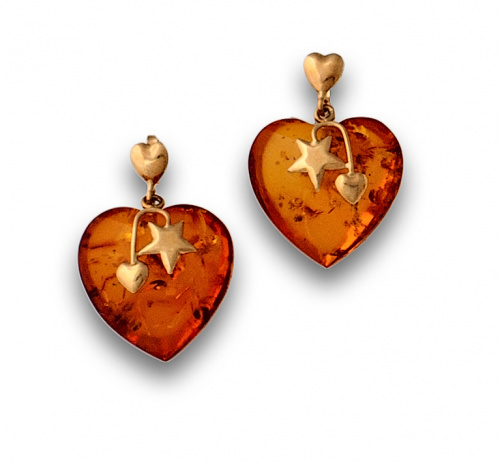 Pendientes de corazones ámbar y oro de 18K.