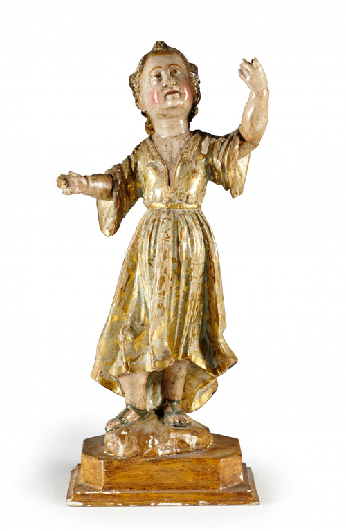 Niño de la sagrada familia en madera tallada, estofada  y p