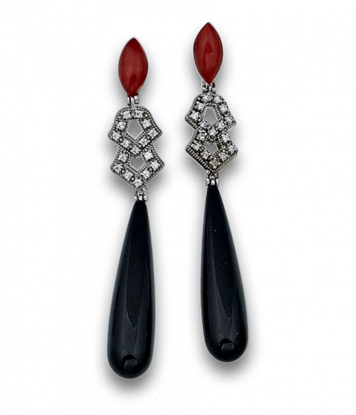 Pendientes largos estilo Art-Decó con perillas de ónix, cir