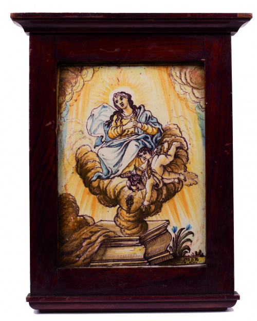 “La Ascensión de la Virgen”.Placa de cerámica esmaltada.S