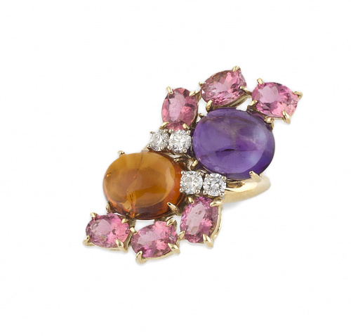 Sortija con gran frente de cabuchones de amatista y citrino