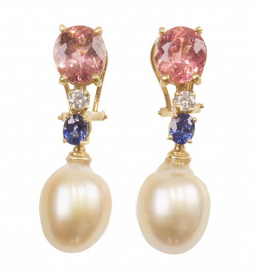 Pendientes largos con turmalina rosa, brillante, zafiro y p