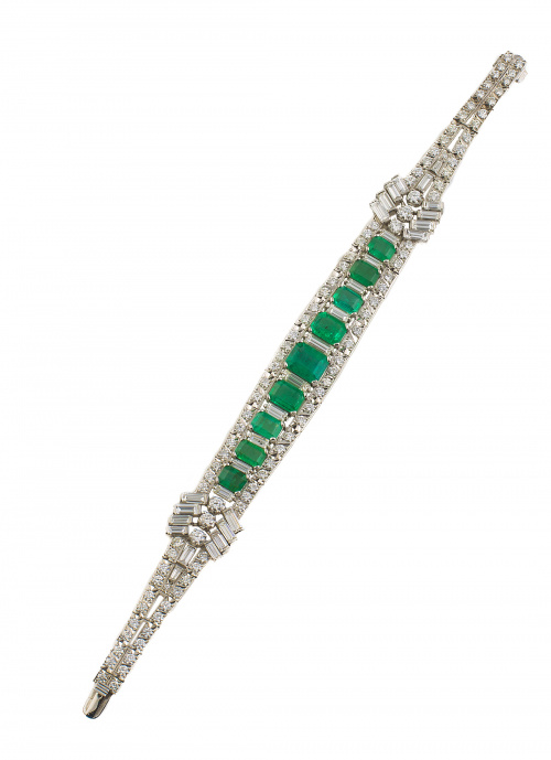 Elegante pulsera articulada de esmeraldas,diamantes talla b
