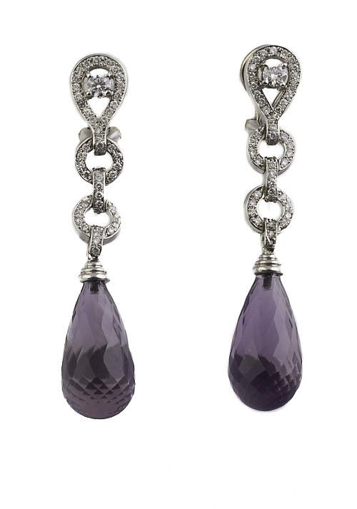 Pendientes largos con brillantes y perillas de amatista fac