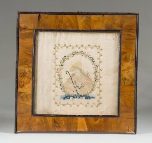 “La divina Pastora”Bordado “a pintura”, sobre seda.Trabaj