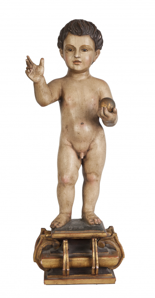 Niño Jesús Salvator Mundi.Escultura en madera tallada y p