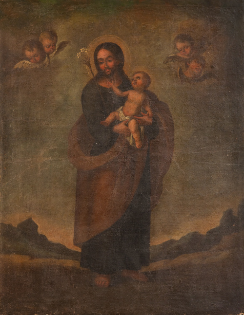 ESCUELA ESPAÑOLA, H. 1800San José con el Niño en un paisa