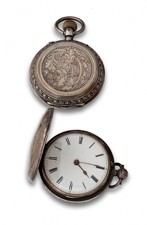 Reloj saboneta en plata s.XIX “triunfo patent”.