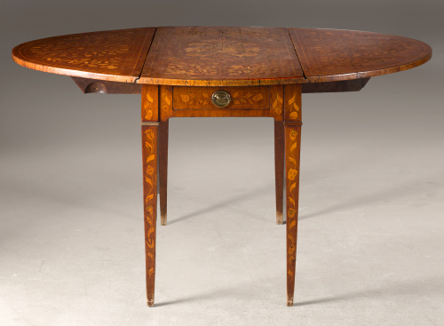 Mesa de alas holandesa en madera de nogal con marquetería d