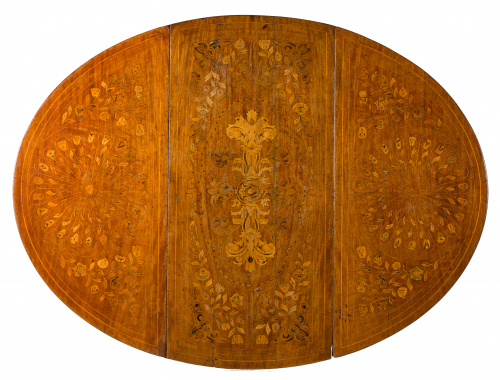 Mesa de alas holandesa en madera de nogal con marquetería d