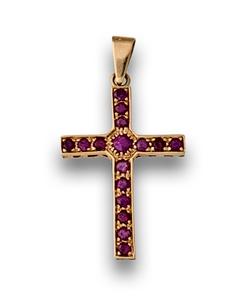 Cruz colgantes de rubíes en oro amarillo de 18K.