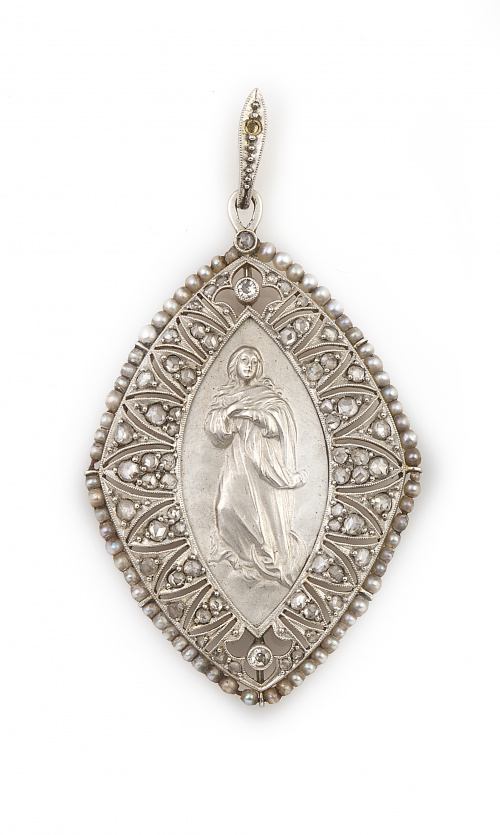 Medalla colgante Art-Decó con Virgen en relieve y marco de 