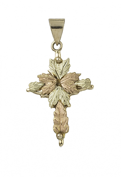 Cruz colgante con hojitas grabadas en oro bicolor de 18K