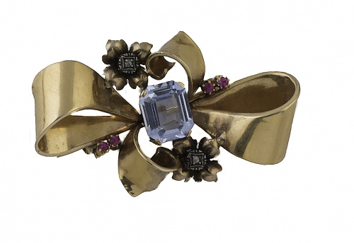 Broche años 40 en forma de lazo adornado con flores; con ru