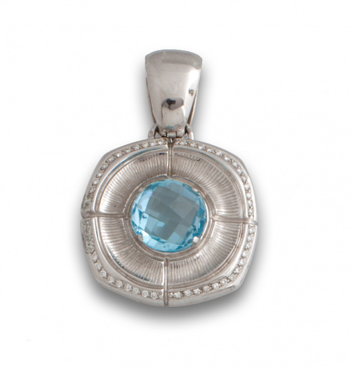 Colgante con topacio azul facetado y brillantes en contorno