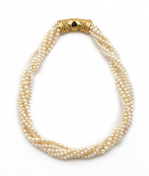 Collar de seis hilos de perlas cultivadas, con cierre tubul
