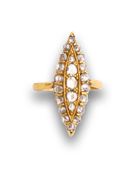 Sortija lanzadera de diamantes talla rosa portuguesa s.XIX 