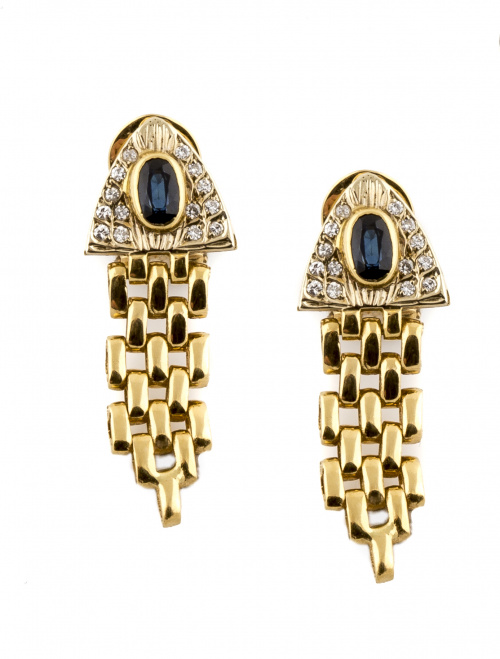 Pendientes largos con triángulo de zafiro oval y pavé de br