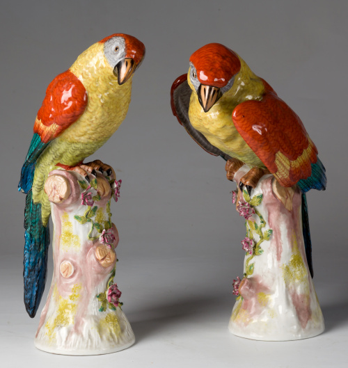 Pareja de loros de porcelana esmaltada y flores aplicadasQ