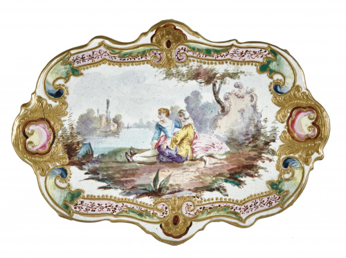 Mesita de estilo Luis XV de loza esmaltada y dorada, Franc